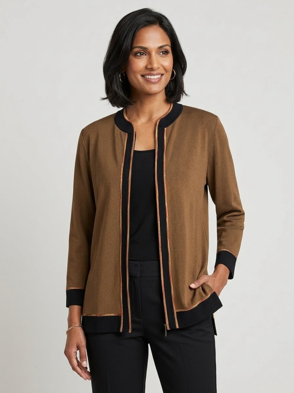Misook Women’s Full Zip Casual Quiet Luxury Knit Brown Black Cardigan Size L